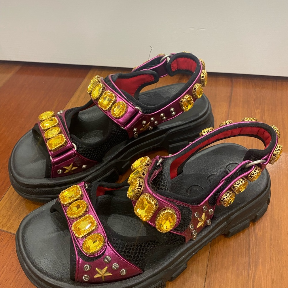 Gucci Black Sandals with Yellow Gem Accents